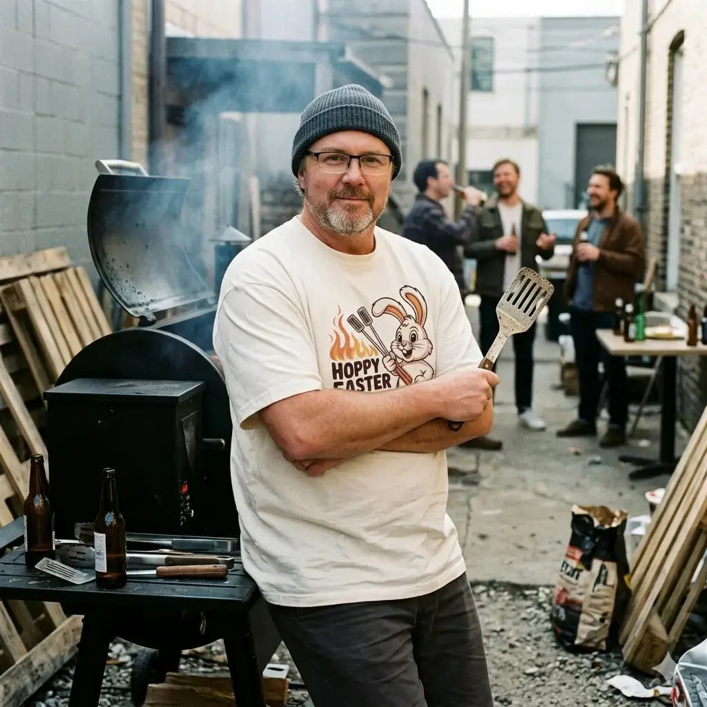 Lässiger Mann im Meatware Hoppy Easter Oversized Shirt aus schwerer Baumwolle am Grill.