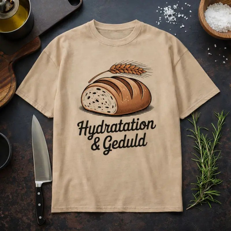 Meatware Oversized T-Shirt in Beige mit Brot-Illustration und Schriftzug „Hydratation & Geduld“, humorvolles Back- und Handwerk-Design auf Küchen-Flatlay-Mockup