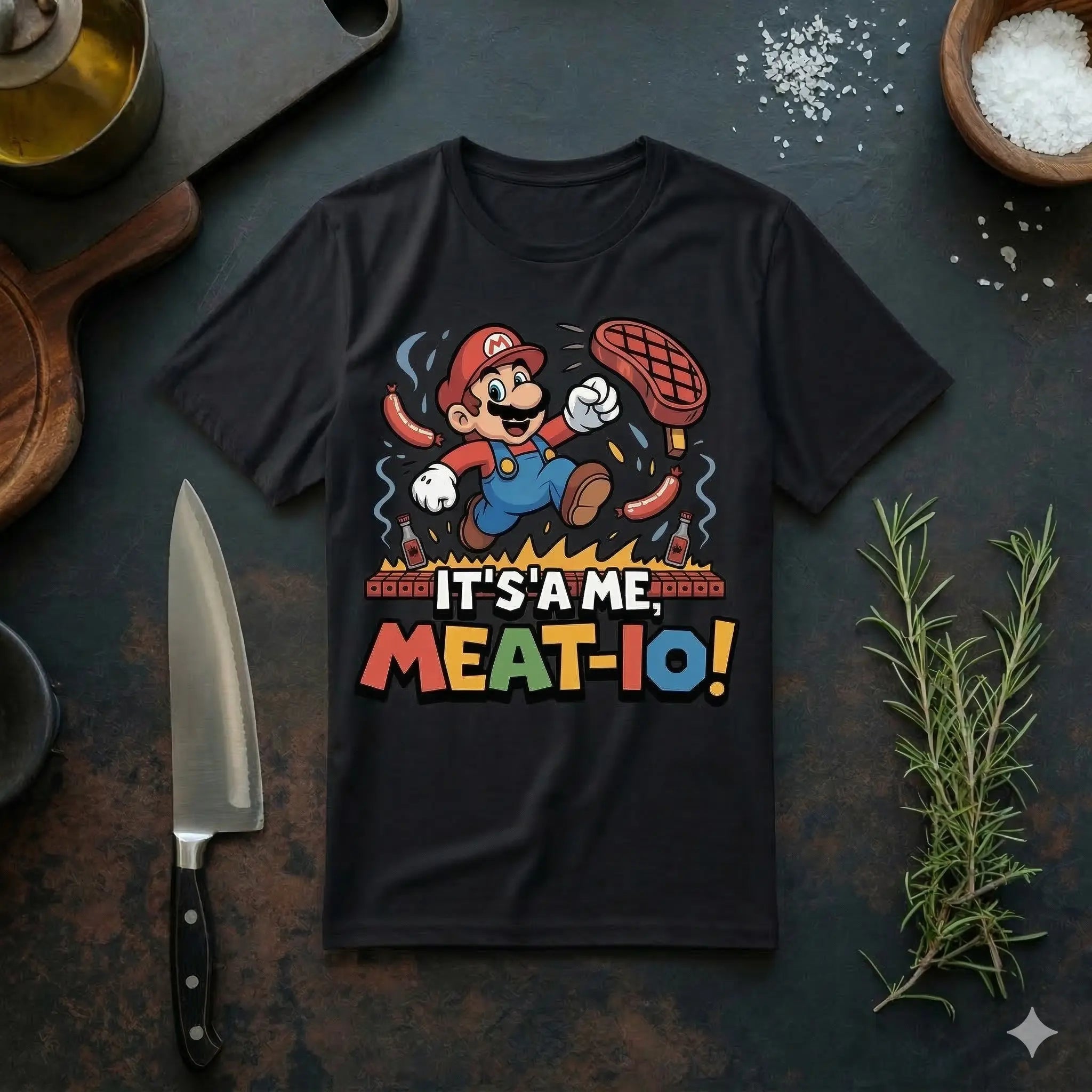 Meatware BBQ Gamer T-Shirt mit humorvollem Grill-Design "It's a me Meat-io" auf beigem Premium Shirt in rustikalem Küchenmockup mit Messer, Rosmarin und Salz