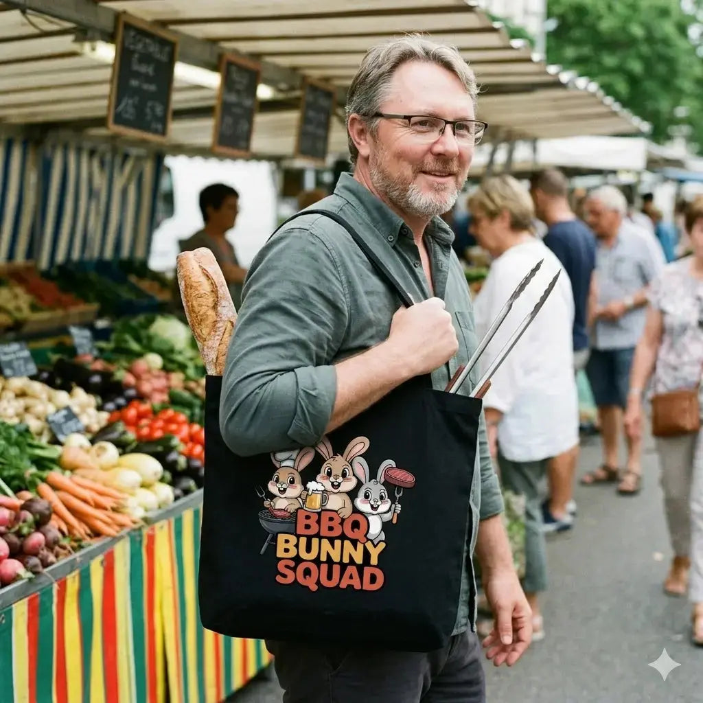 Naturbelassener Baumwollbeutel mit dem Meatware BBQ Bunny Squad Motiv