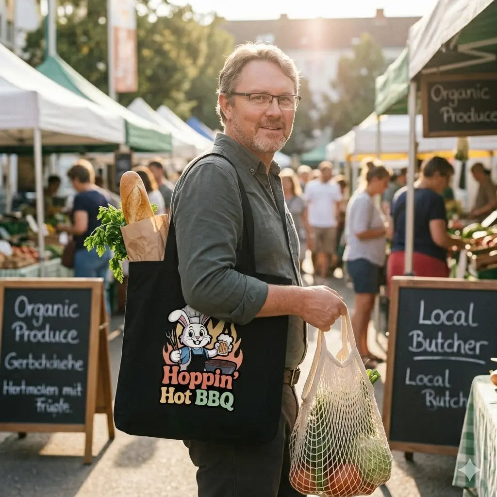 Naturbelassener Baumwollbeutel mit dem Meatware Hoppin' Hot BBQ Hasen-Motiv.