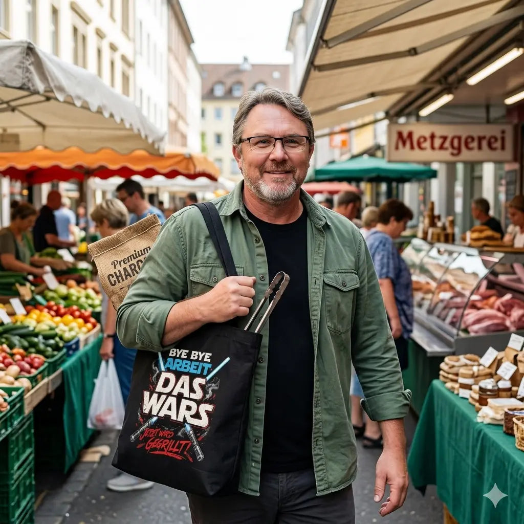 Schwarzer Baumwollbeutel mit dem Meatware „Das Wars“ Abschieds-Print.