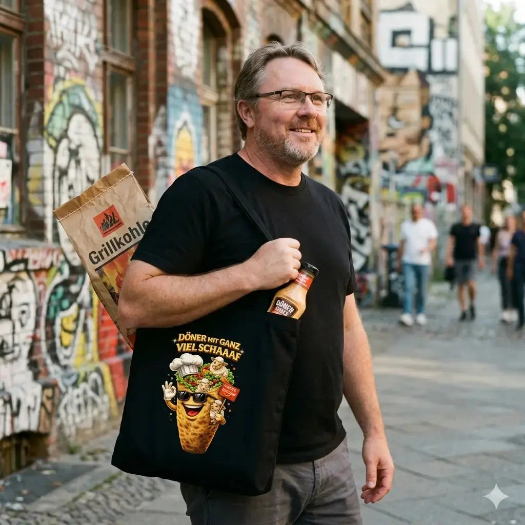 Schwarzer Baumwollbeutel mit dem Meatware Döner-Schaf Logo
