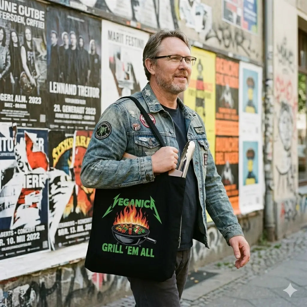 Schwarzer Baumwollbeutel mit dem Meatware Veganica Logo im Metallica-Stil.