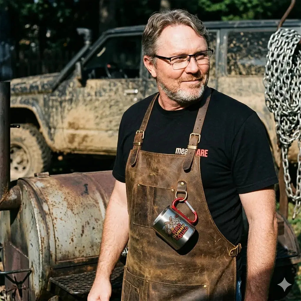Silberne Edelstahl-Tasse mit rotem Karabiner-Griff und dem Meatware BBQ Bunny Squad Motiv