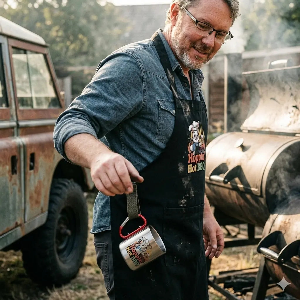 Silberne Edelstahl-Tasse mit rotem Karabiner-Griff und dem Meatware Hoppin' Hot BBQ Motiv.