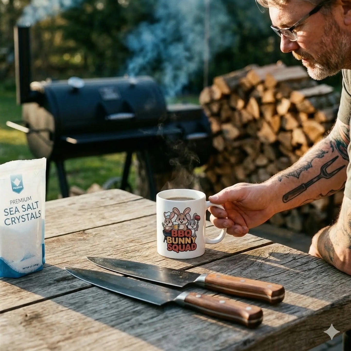 Weiße Meatware Keramiktasse mit dem BBQ Bunny Squad Motiv auf einem rustikalen Tisch