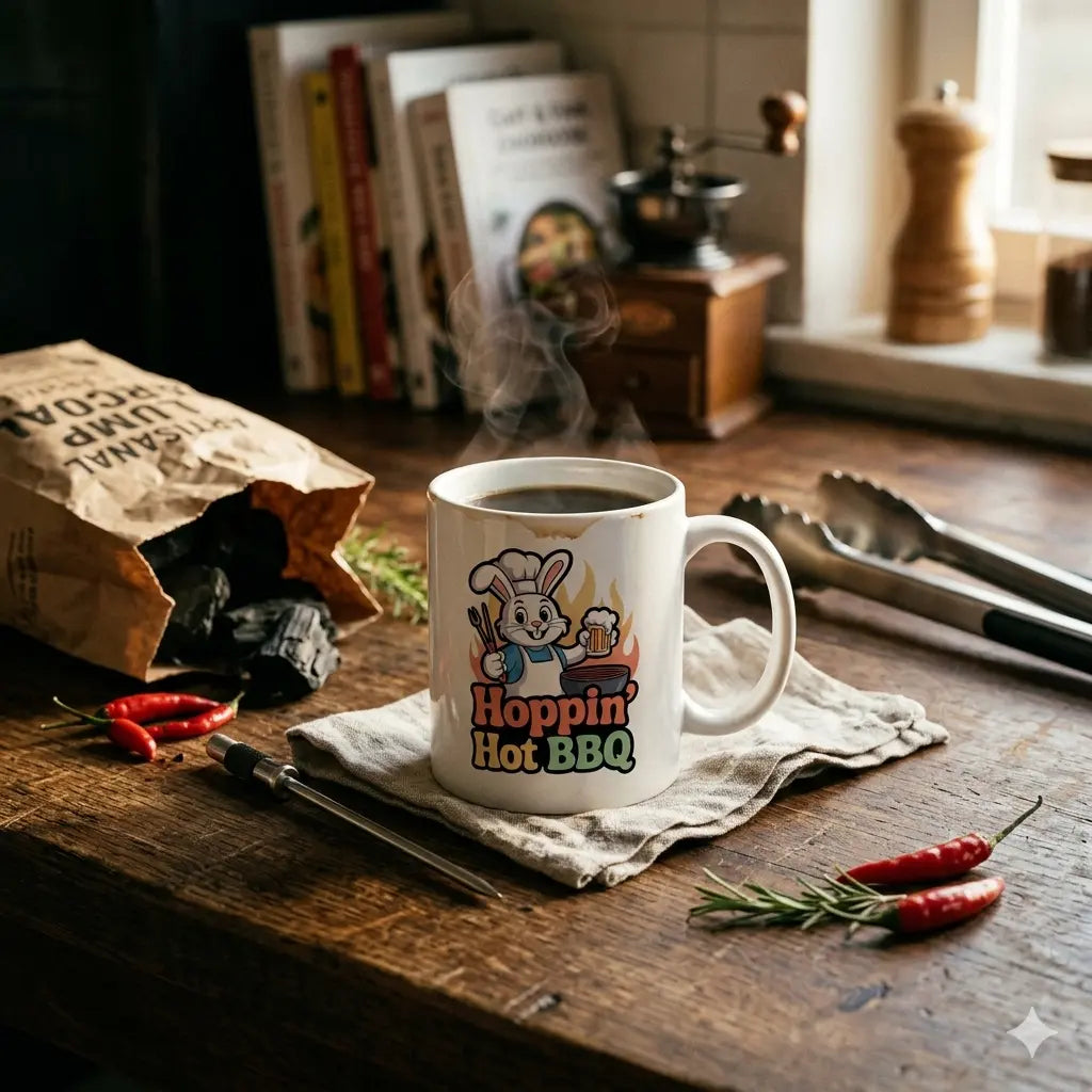 Hoppin' Hot BBQ Keramiktasse – Lustiger Grill-Hase Kaffeebecher | Meatware®