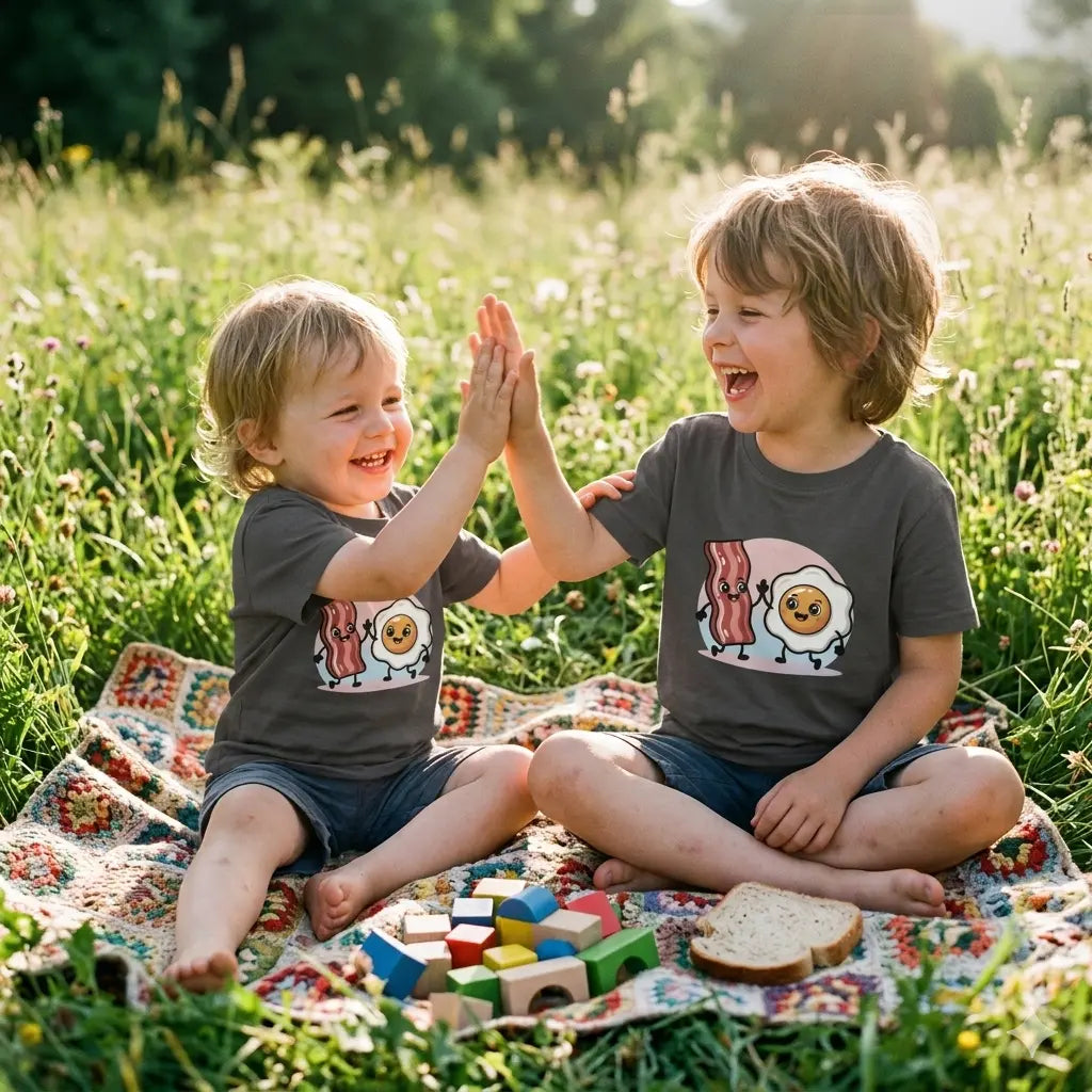 Glückliches Kind im Meatware Bacon & Egg Friends T-Shirt aus 100% Bio-Baumwolle.
