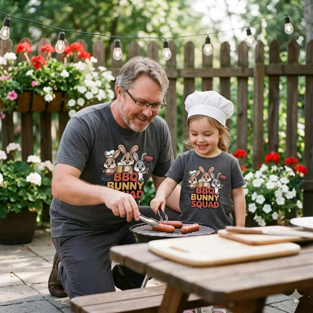 Glückliches Kind im Meatware BBQ Bunny Squad T-Shirt aus Bio-Baumwolle im Garten.