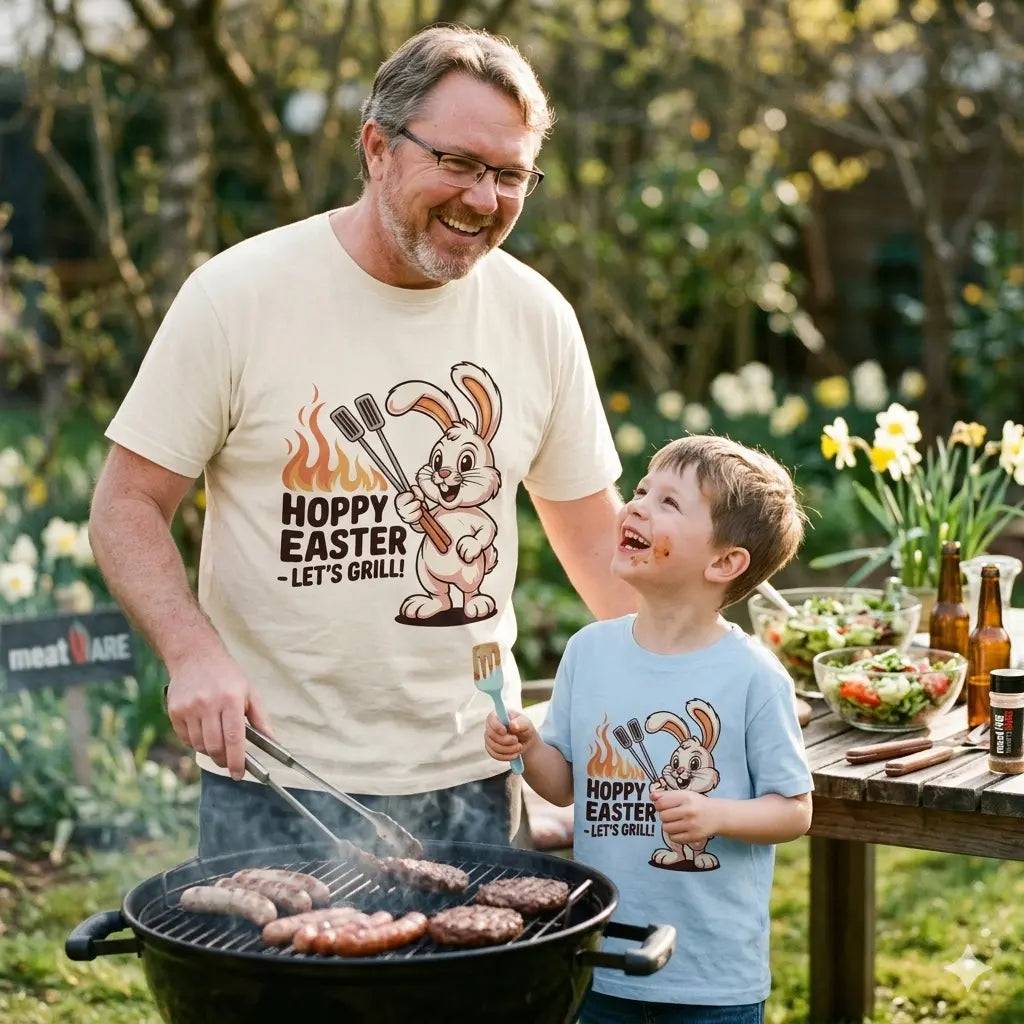 Glückliches Kind im Meatware Hoppy Easter T-Shirt aus 100% Bio-Baumwolle beim Spielen.