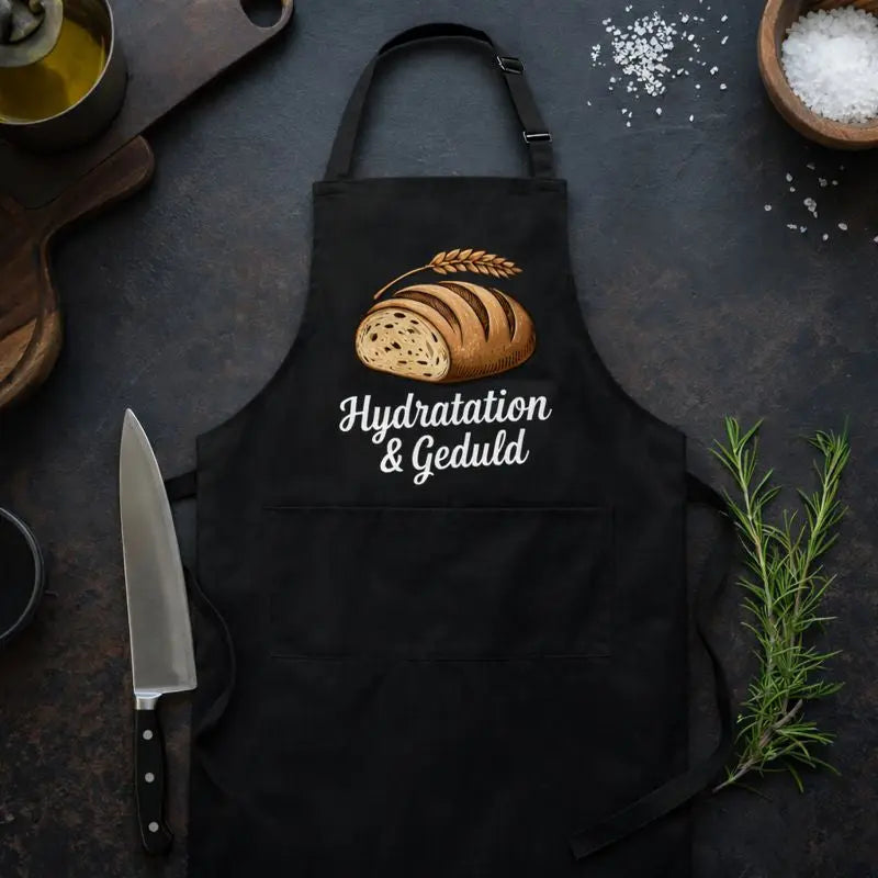 Koch- und Backschürze in Beige mit Brot-Motiv und Schriftzug „Hydratation & Geduld“, rustikales Küchen-Mockup mit Messer, Rosmarin und Salz – Meatware Schürze für Backen und Kochen