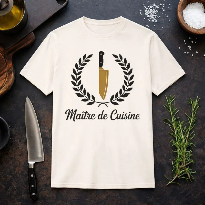 Meatware T-Shirt „Maître de Cuisine“ mit Kochmesser-Motiv, Lorbeerkranz und Küchenästhetik, hochwertiges Kochshirt für Hobby- und Profiköche