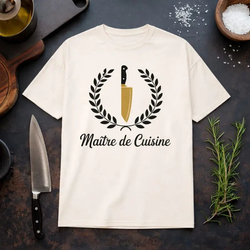 Oversized Meatware T-Shirt „Maître de Cuisine“ mit Kochmesser und Lorbeerkranz, hochwertiges Koch-Statement-Shirt für Küche, Grill und Food-Liebhaber