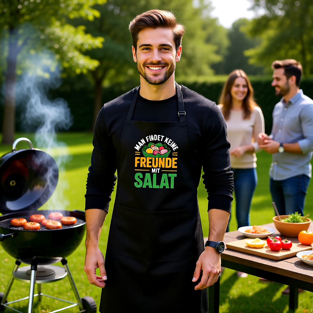Kochschürze mit Man findet keine Freunde mit Salat von Meatware im BBQ-Lifestyle Look