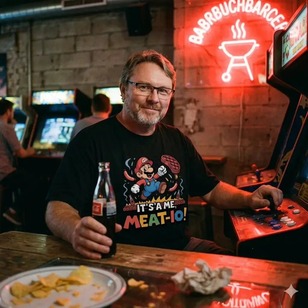 Lässiger Typ im Meatware Meat-io Oversized Shirt aus schwerer Baumwolle vor einem Arcade-Automaten