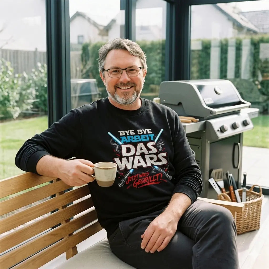 Mann im schwarzen Meatware Organic Sweatshirt aus Bio-Baumwolle mit Sci-Fi Abschieds-Print