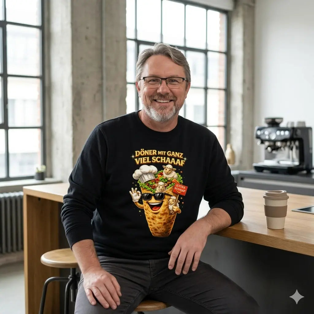 Mann im schwarzen Meatware Organic Sweatshirt aus Bio-Baumwolle mit lustigem Döner-Schaf-Print