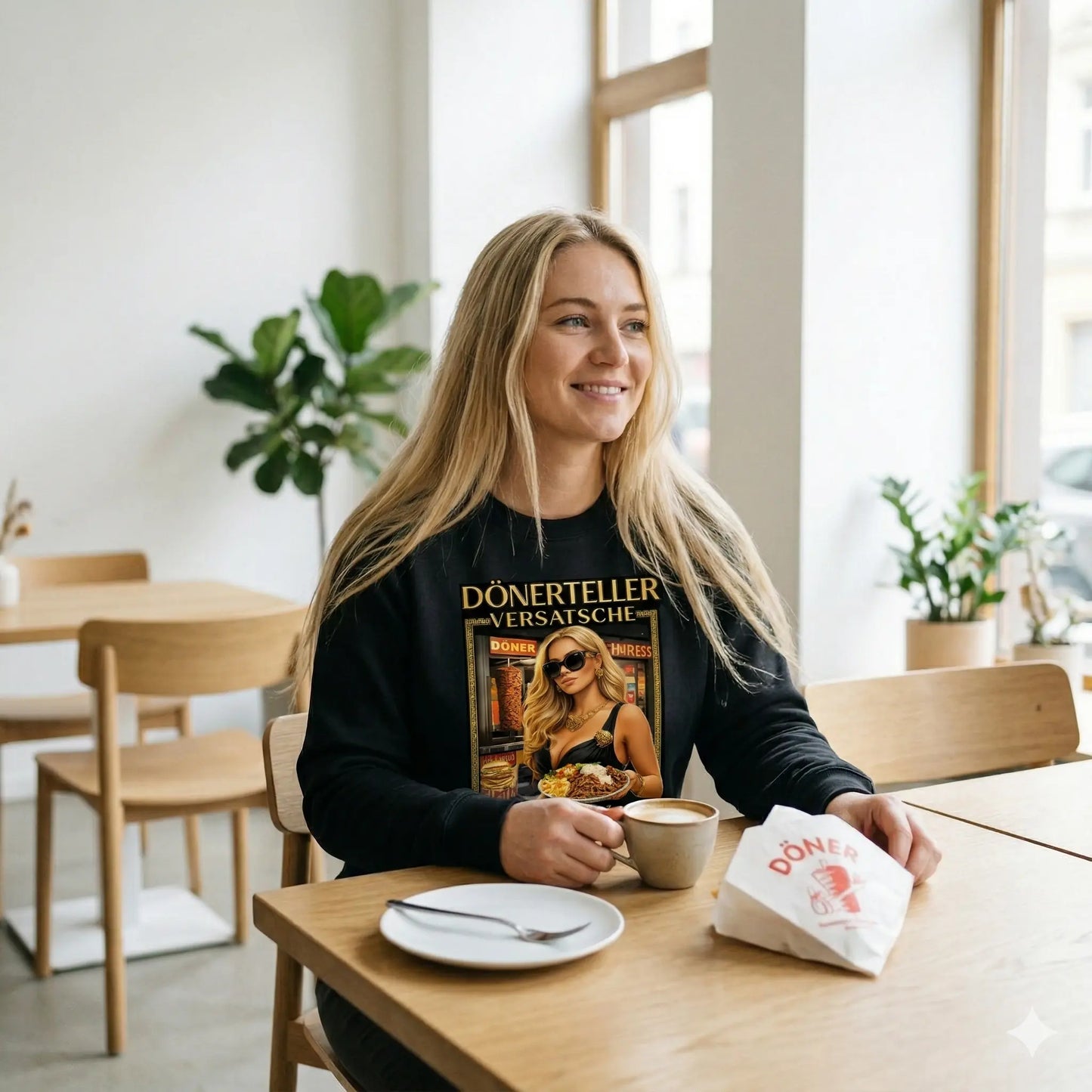 Frau im schwarzen Meatware Organic Sweatshirt aus Bio-Baumwolle mit goldenem „Dönerteller Versatsche“ Print