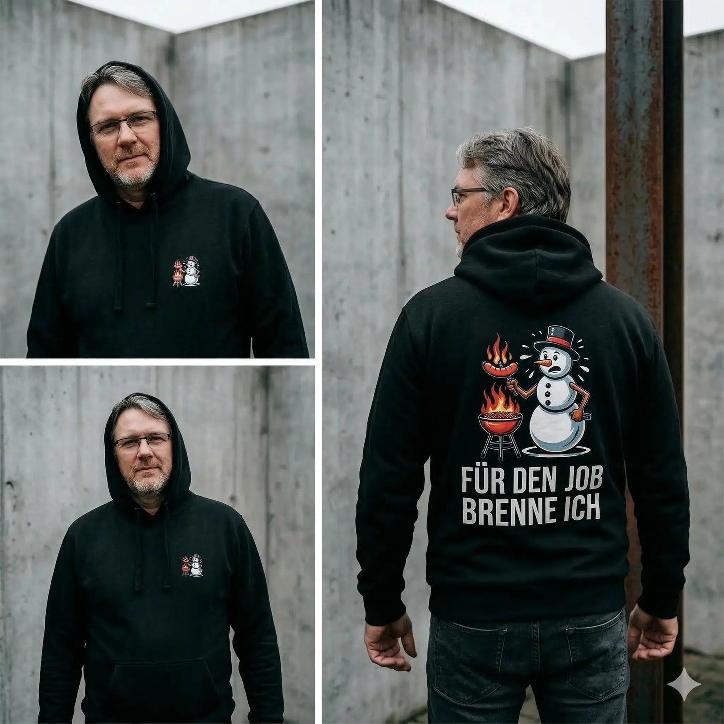 Schwarzer Oversized Hoodie von Meatware mit Schneemann-Icon vorne und großem 'Für den Job brenne ich' Rückendruck.