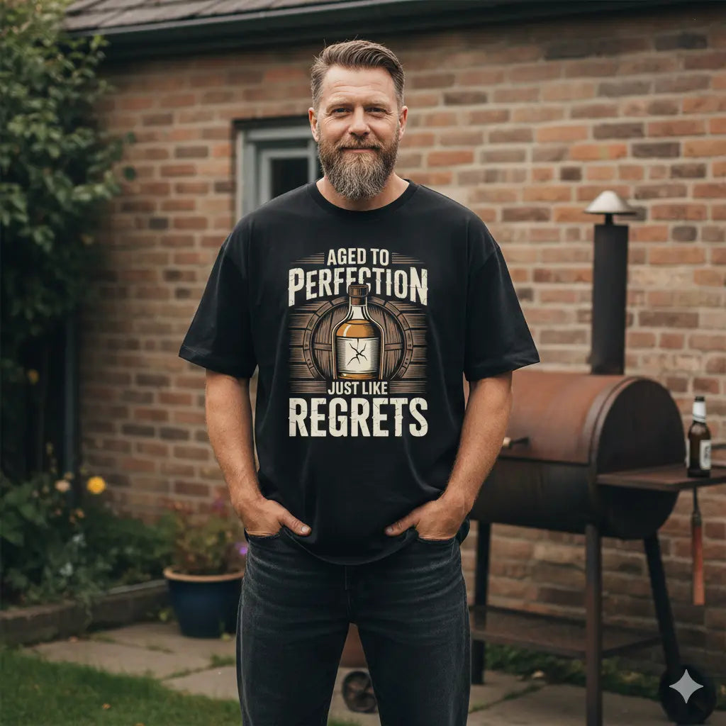 Kräftiger Mann im schwarzen Oversized Meatware T-Shirt mit 'Aged to Perfection' Aufdruck steht lässig im Freien
