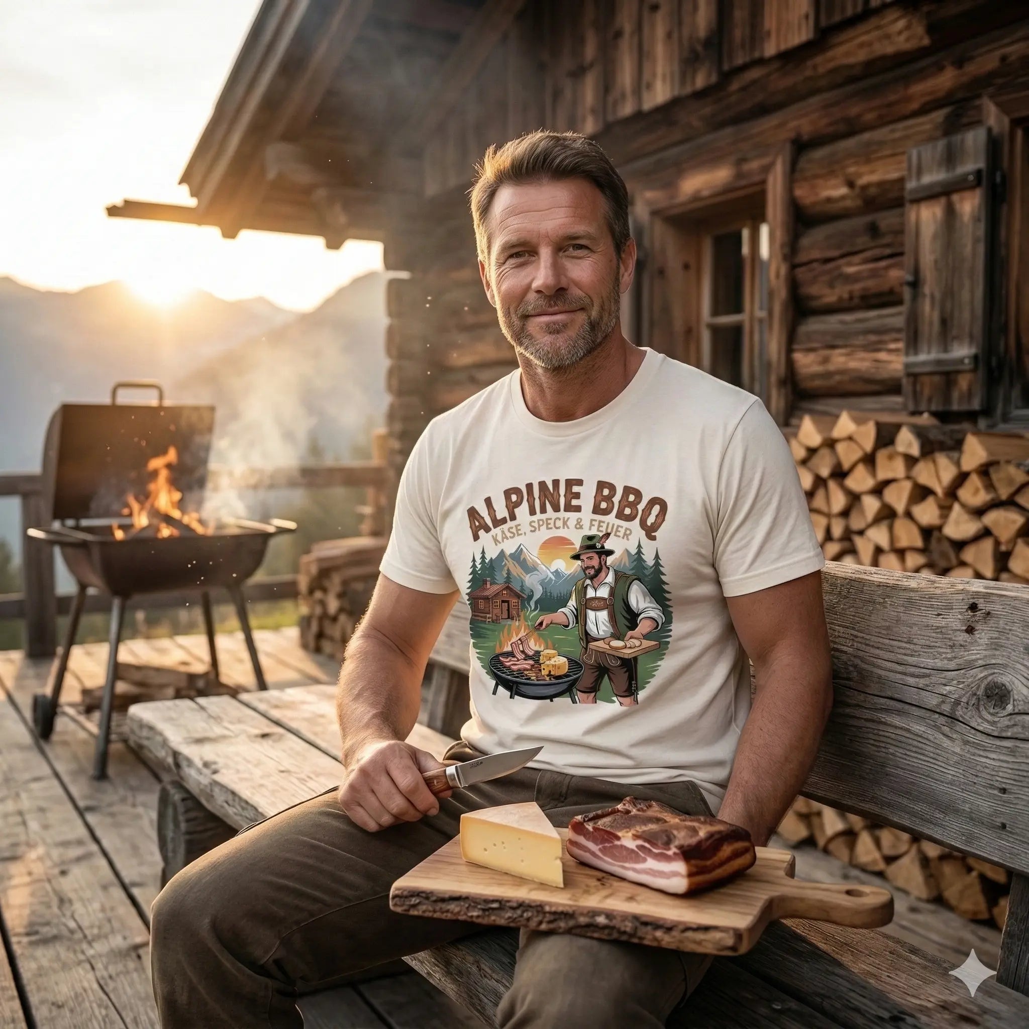 Lässiger Typ im Meatware Alpine BBQ Oversized Shirt (schwere Baumwolle) lehnt entspannt am Grill.