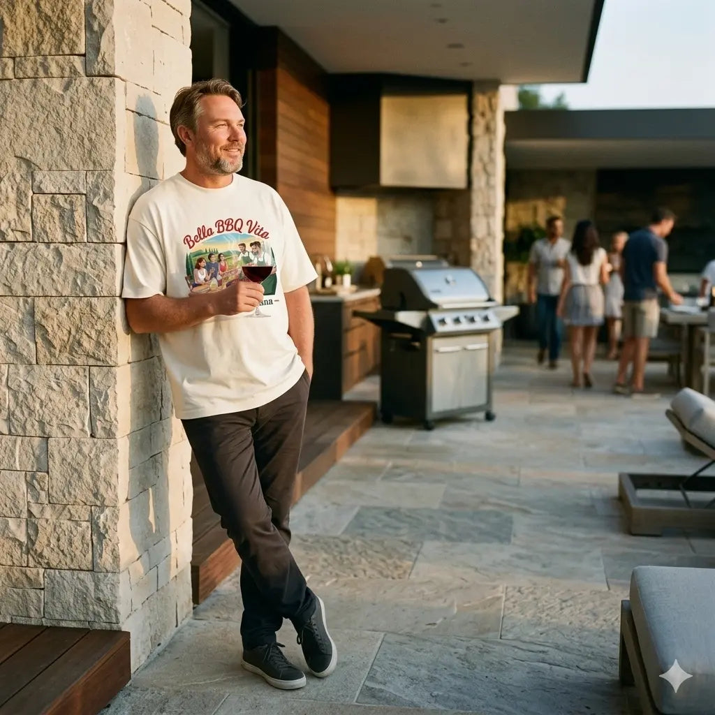 Lässiger Typ im Meatware Bella BBQ Vita Oversized Shirt (240 GSM) genießt den Abend mit einem Glas Wein in mediterranem Ambiente.