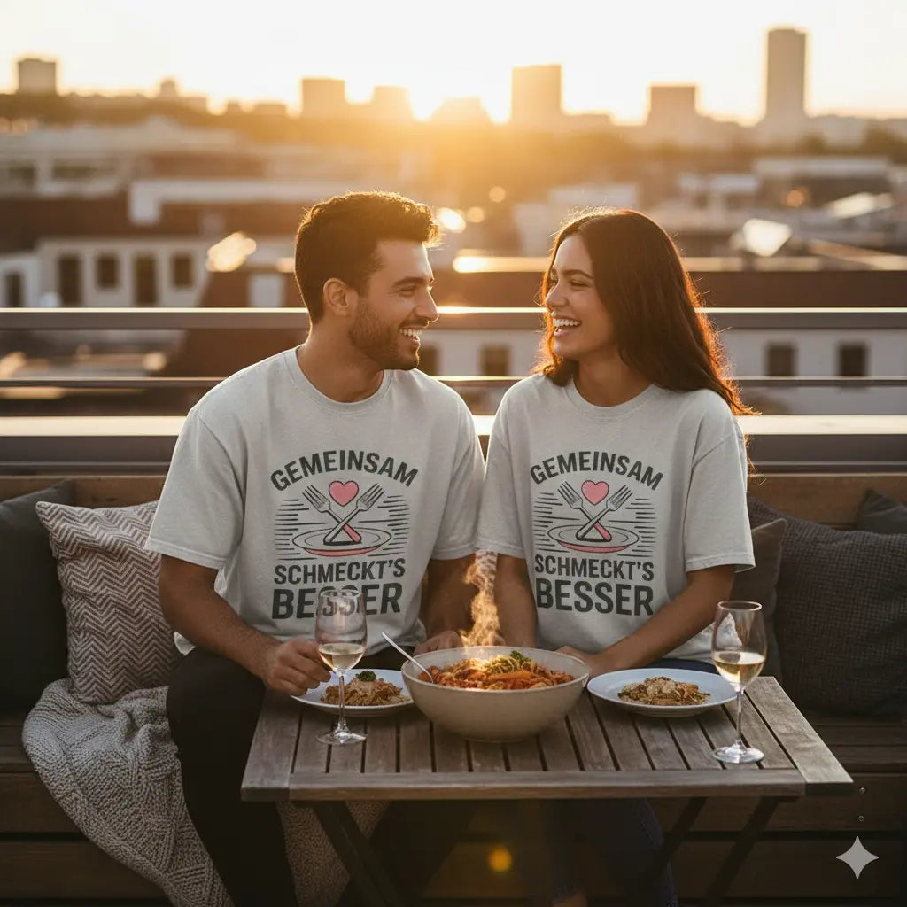 Paar in grauen Oversized T-Shirts mit „Gemeinsam schmeckt’s besser“ Design genießt Essen auf einer Dachterrasse bei Abendlicht