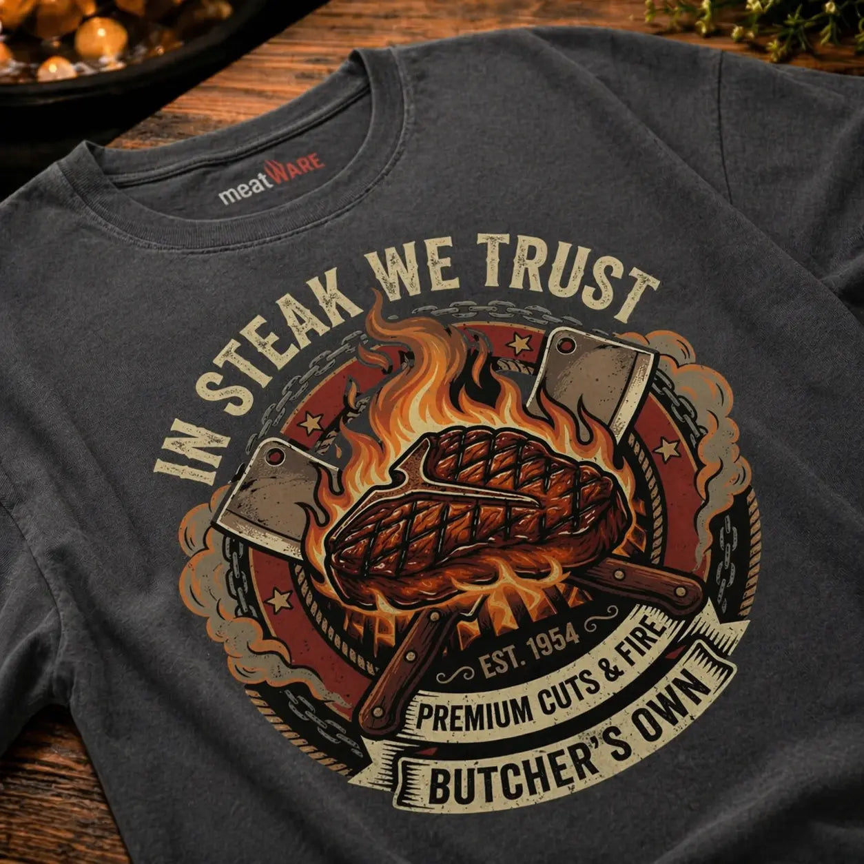 Nahaufnahme eines graphitfarbenen Oversized T-Shirts mit „In Steak We Trust“ Grillmotiv, schräg drapiert auf rustikalem Holztisch im BBQ Setting, sichtbare Stoffstruktur und hochwertiger Druck.