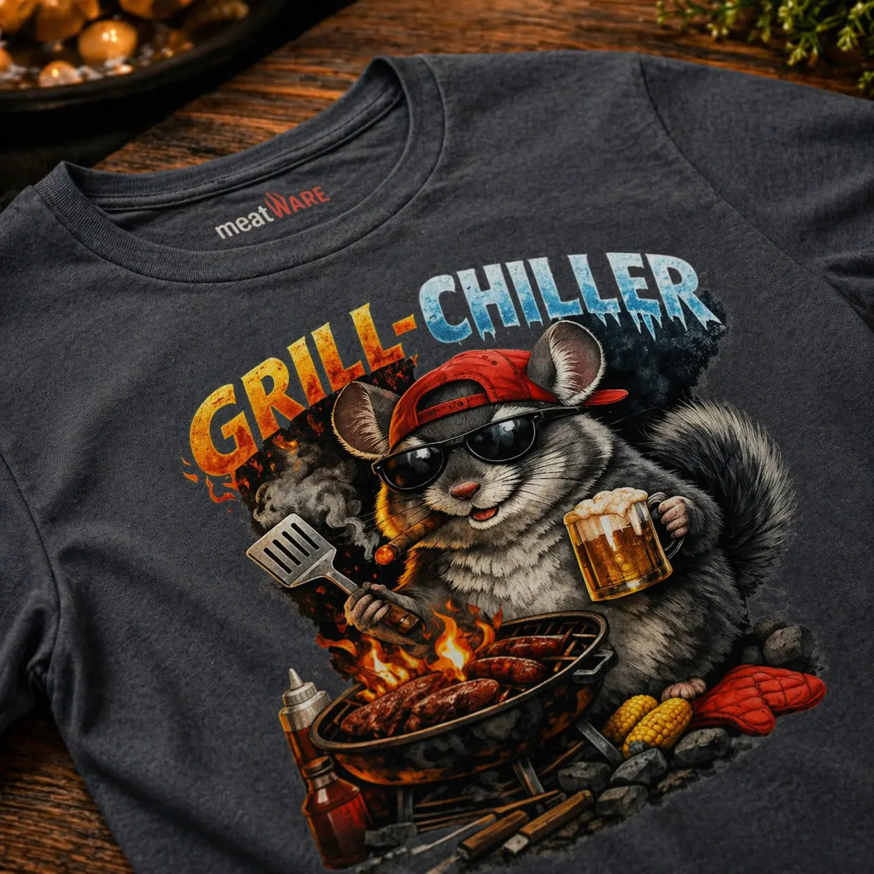 Graues Oversized T-Shirt mit Grill Chiller BBQ Motiv im realistischen Mockup, detailreiches Grilldesign mit Tierfigur, Feuer und Bier, hochwertiger Druck auf dunklem Stoff