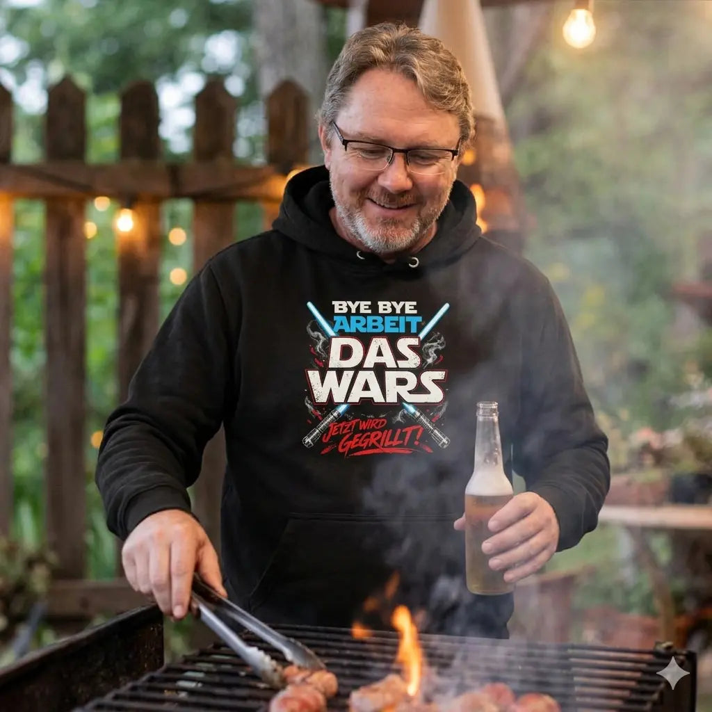 Angehender Rentner im Meatware Das Wars Hoodie am abendlichen Grillfeuer.