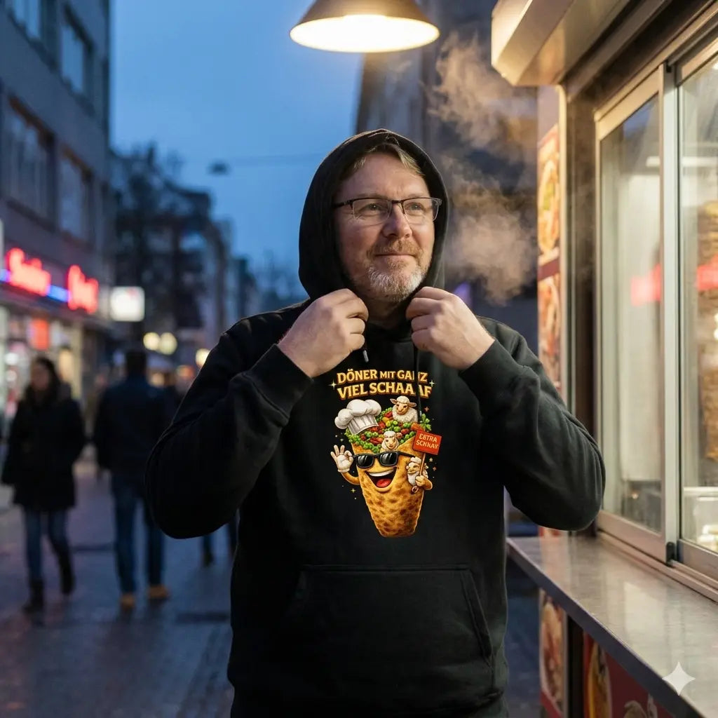 Mann im gemütlichen Meatware Döner-Schaf Hoodie genießt die Nacht am Imbissstand.