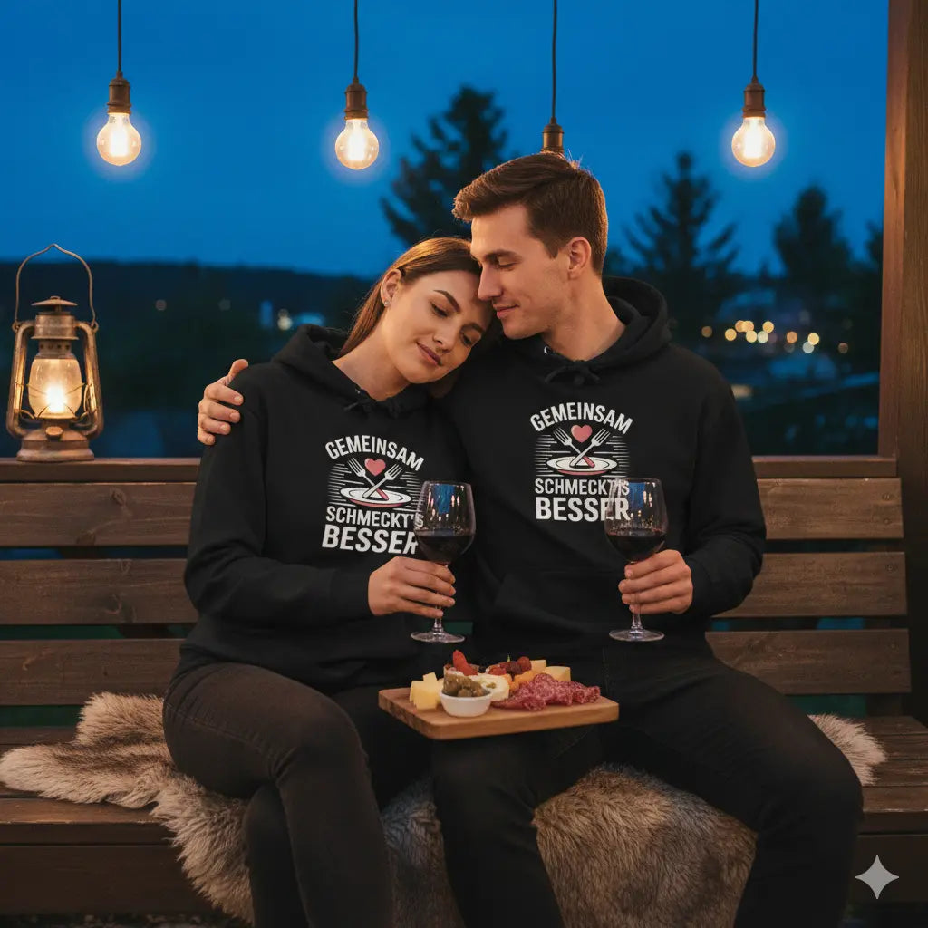 Paar kuschelt auf Holzbank bei Laternenschein, trägt schwarzen Premium Hoodie mit „Gemeinsam schmeckt’s besser“ Design.
