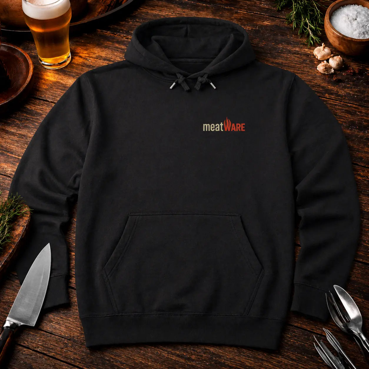 Schwarzer Premium Hoodie mit kleinem meatWARE Logo auf der Brust in Nahaufnahme auf Holztisch, minimalistischer Hoodie mit Kapuze, Kordeln und Nackenbranding