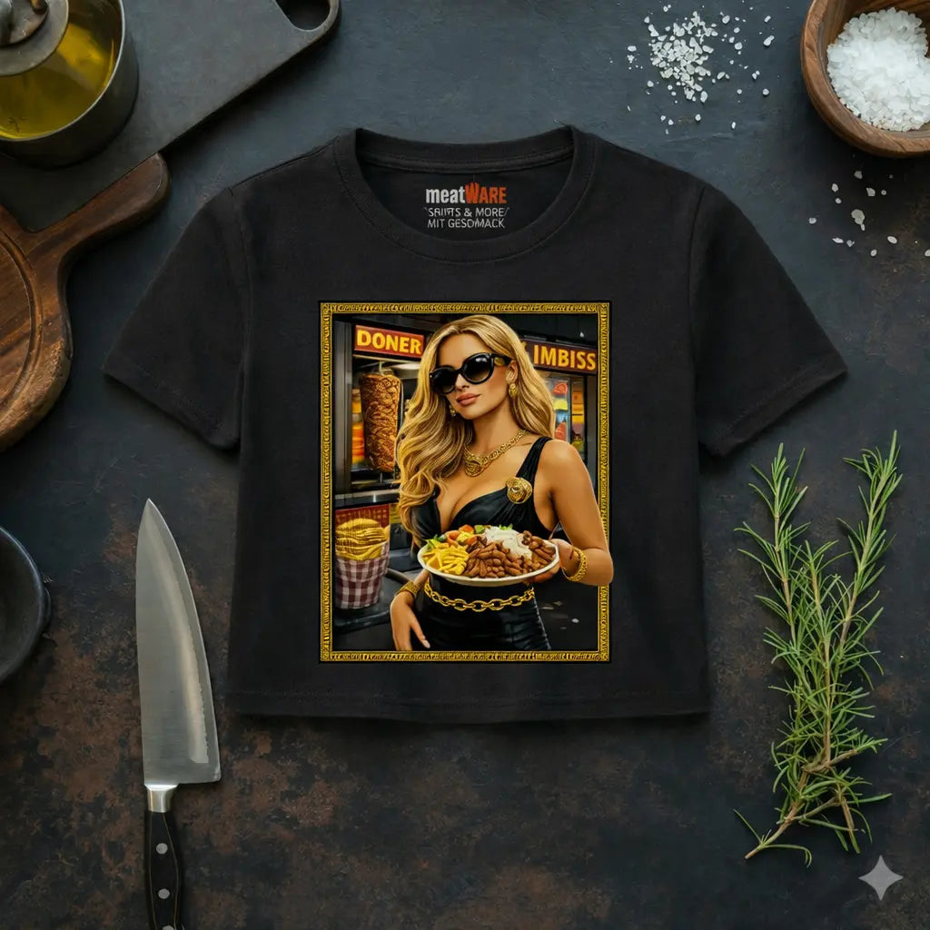 Schwarzes Meatware Premium Organic Schwarzes Meatware Premium Organic Women Cropped Shirt mit Döner Teller Versatsche Design im Küchen Mockup mit Messer Kräutern und Nackenbranding Shirts & more mit Geschmack