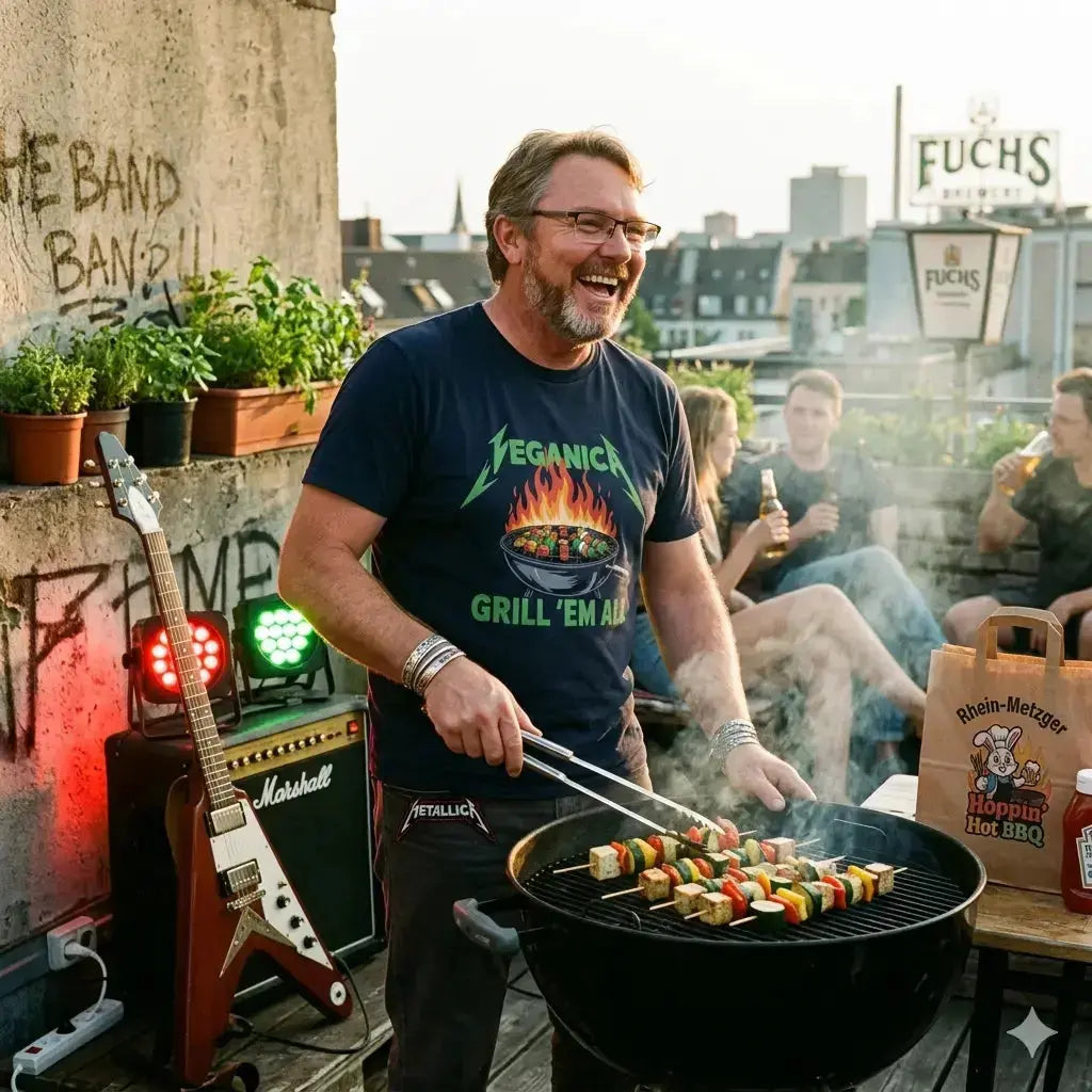 Rocker im Meatware Veganica T-Shirt im Metallica-Stil am brennenden Kugelgrill