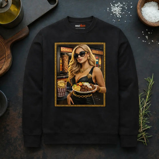 Schwarzes Meatware Premium Sweatshirt mit Döner Teller Versatsche Design im Küchen Mockup mit Messer, Kräutern und Nackenbranding Shirts & more mit Geschmack