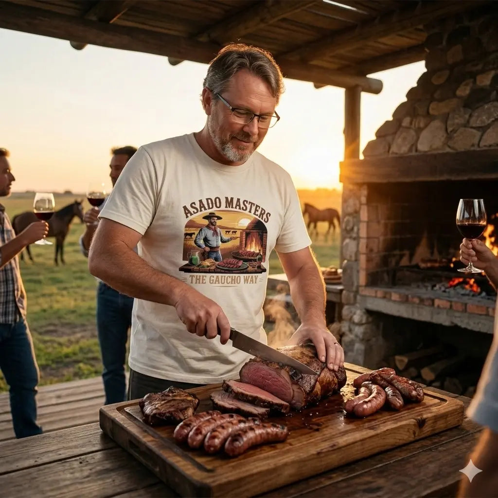 Mann im Meatware Premium T-Shirt mit Asado Masters Aufdruck beim Anschneiden von Fleisch neben einem gemauerten Grill