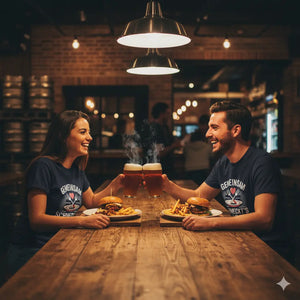 Paar lacht und stößt in einer rustikalen Bar an, trägt dunkelblaues T-Shirt mit „Gemeinsam schmeckt’s besser“-Aufdruck.
