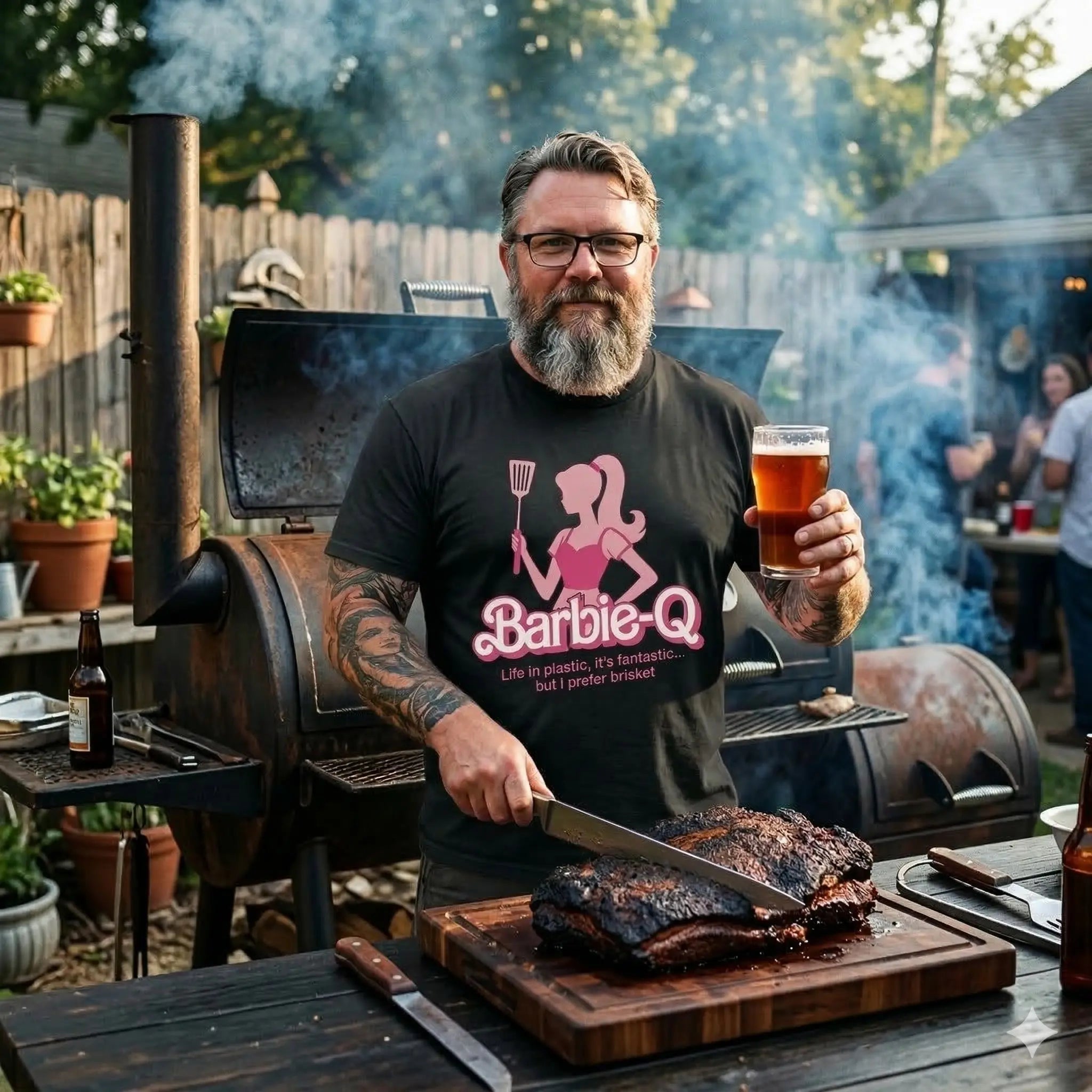 Pitmaster am Smoker trägt das Meatware Barbie-Q Brisket T-Shirt in knalligem Pink.