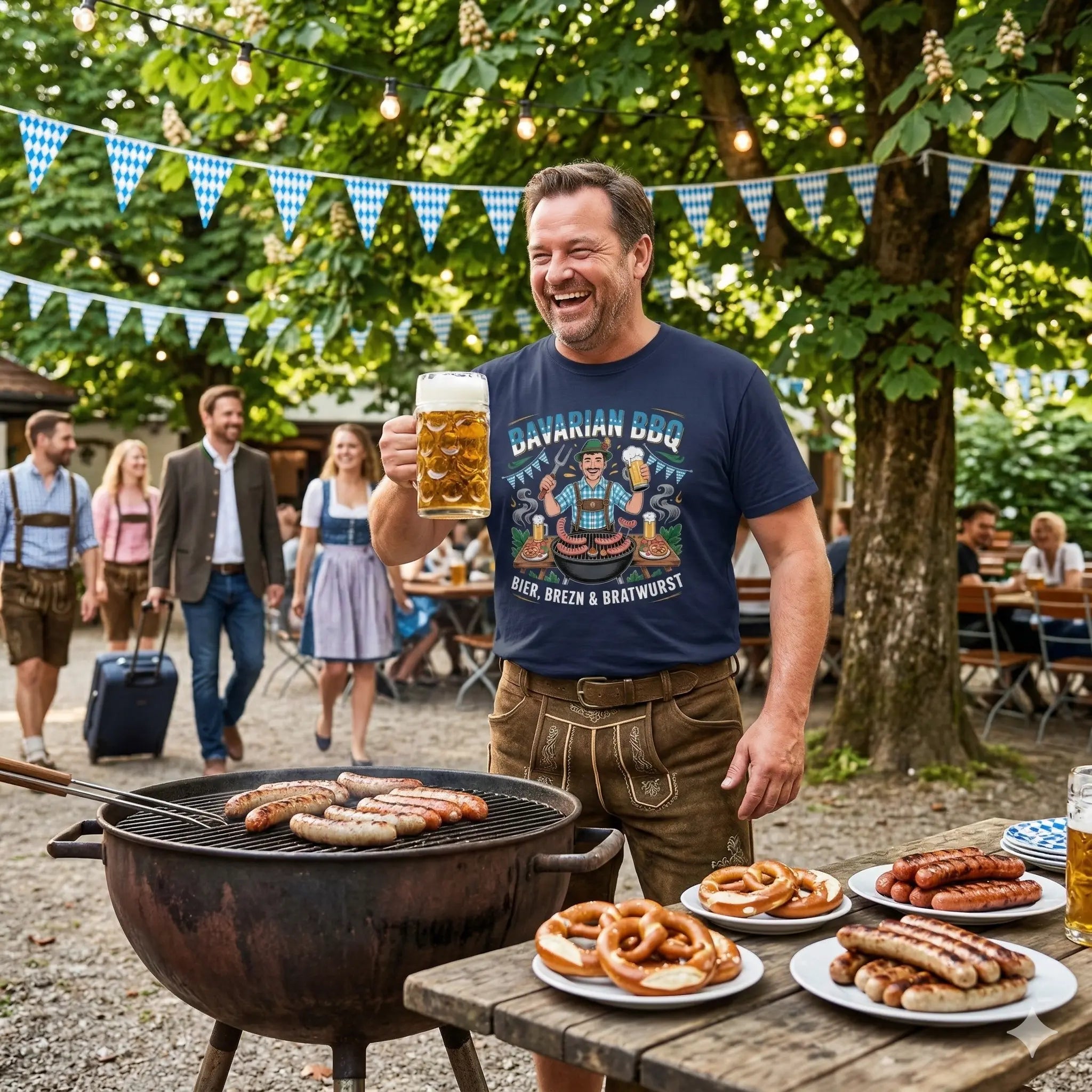 Lachender Mann im Meatware Bavarian BBQ Premium T-Shirt mit Bierkrug und Grillbesteck im bayerischen Garten-Setting