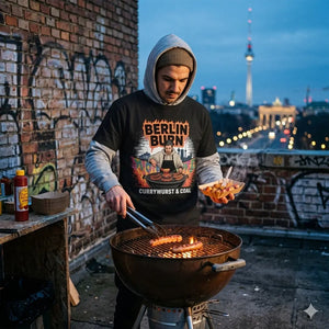 Mann im Meatware Berlin Burn Premium T-Shirt am Kohlegrill vor einer Graffiti-Wand und der Berliner Skyline