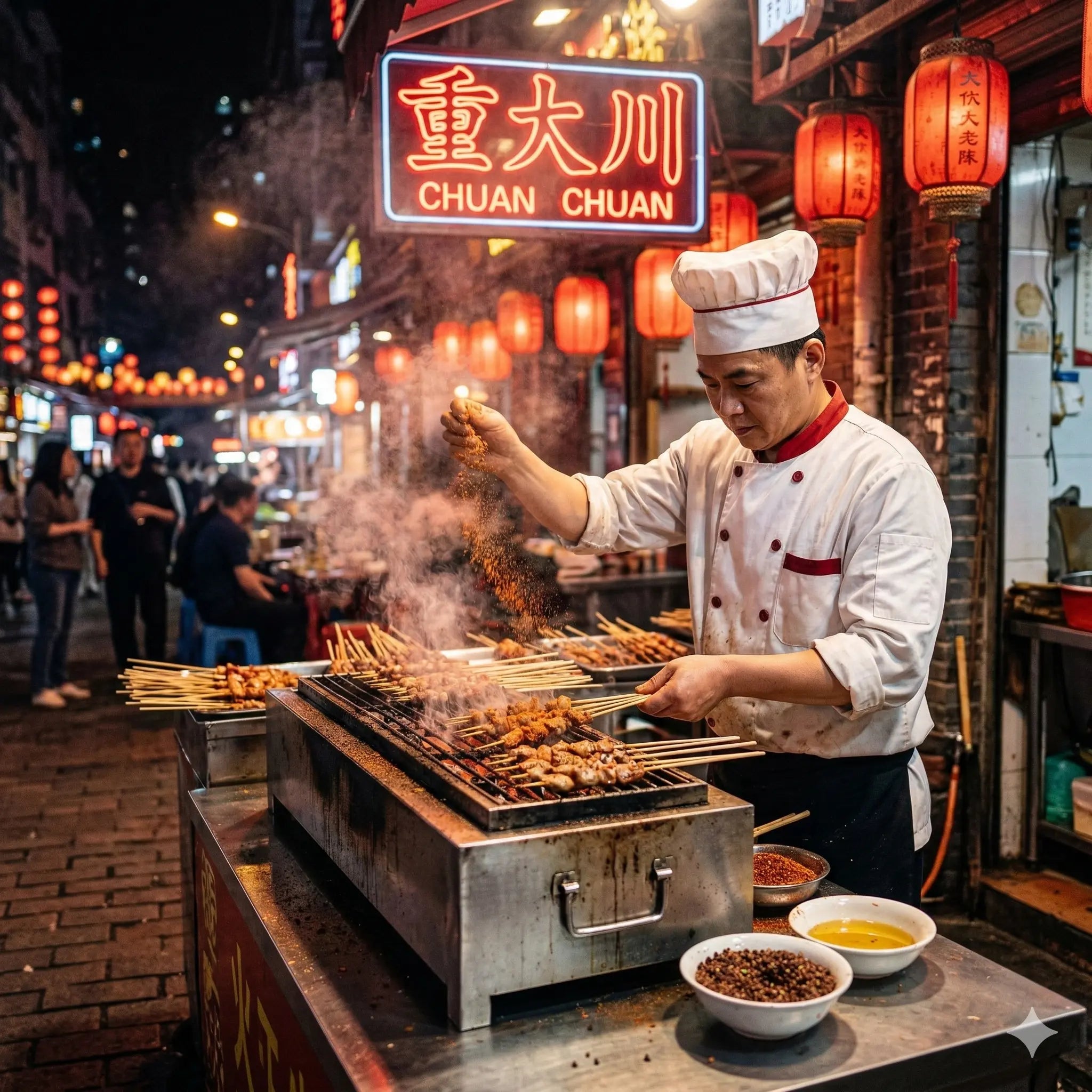 Koch im Meatware Premium T-Shirt grillt scharfe Chuan Chuan Spieße auf einem Nachtmarkt in Chongqing.