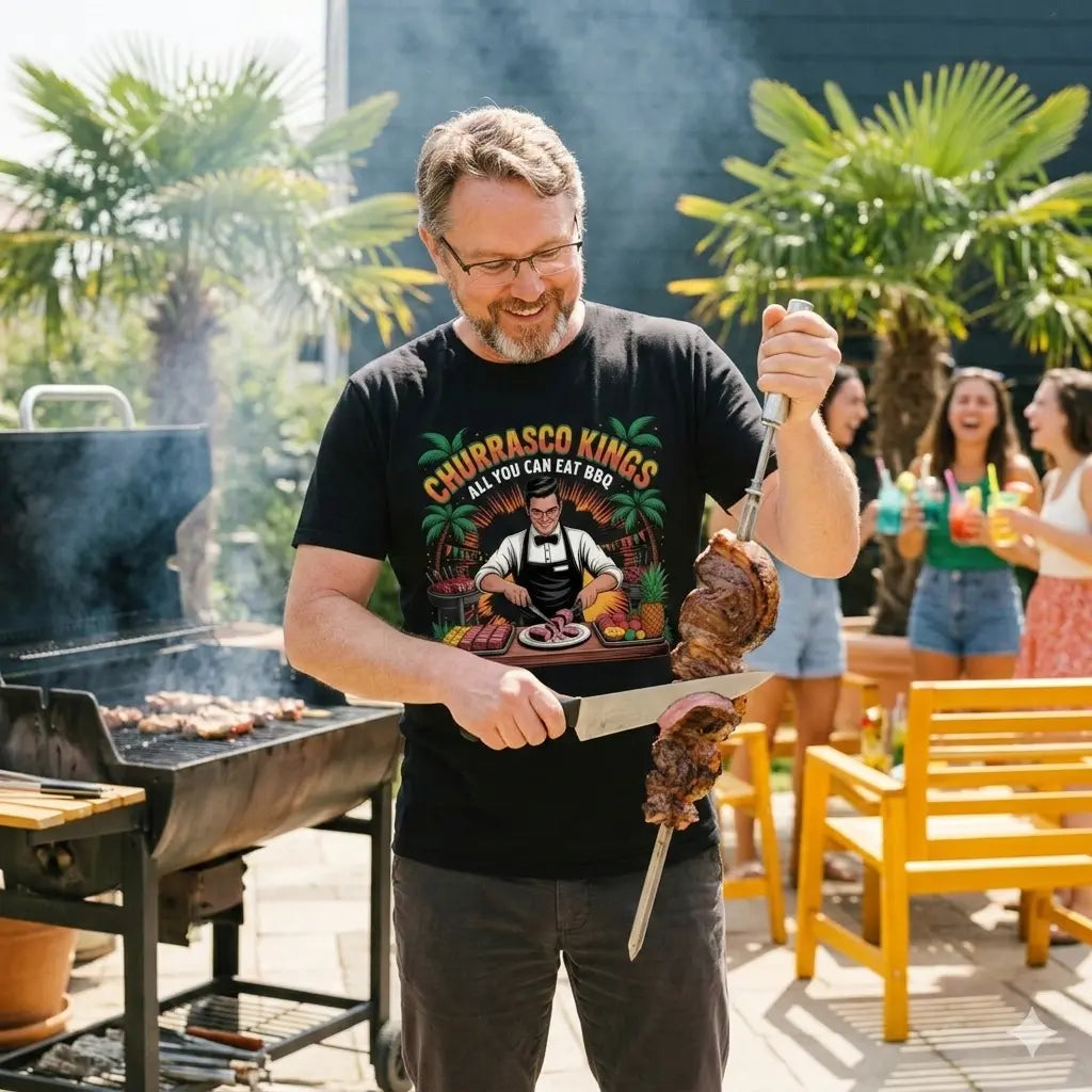 Mann im Meatware Churrasco Kings Premium T-Shirt schneidet Fleisch vom Spieß in einem sonnigen Garten-Setting.