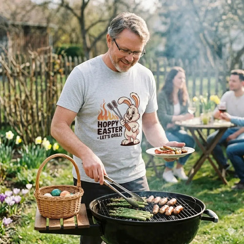 Grillmeister im Meatware Hoppy Easter Let’s Grill T-Shirt am Smoker im Frühlingsgarten.