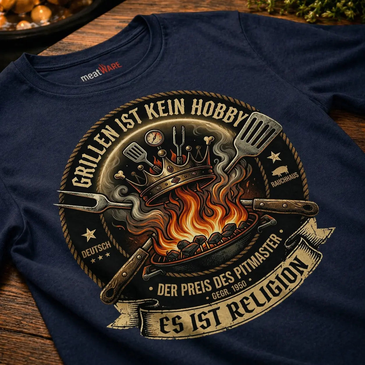 Nahaufnahme eines navyfarbenen Premium T-Shirts mit Grillmotiv „Grillen ist kein Hobby es ist Religion“, schräg drapiert auf rustikalem Holztisch mit BBQ Atmosphäre, sichtbare Stoffstruktur und hochwertiger Druck.