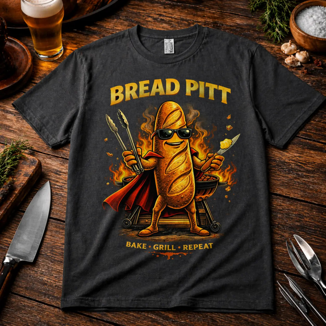 Graues Premium T-Shirt mit Bread Pitt BBQ Design auf rustikalem Holztisch Mockup, Grill Szene mit Bier und BBQ Werkzeugen, hochwertige Produktdarstellung für Grillfans