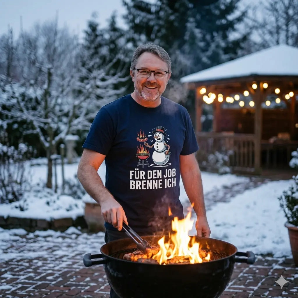 Mann am Grill im Winter trägt das Meatware 'Für den Job brenne ich' Schneemann T-Shirt.