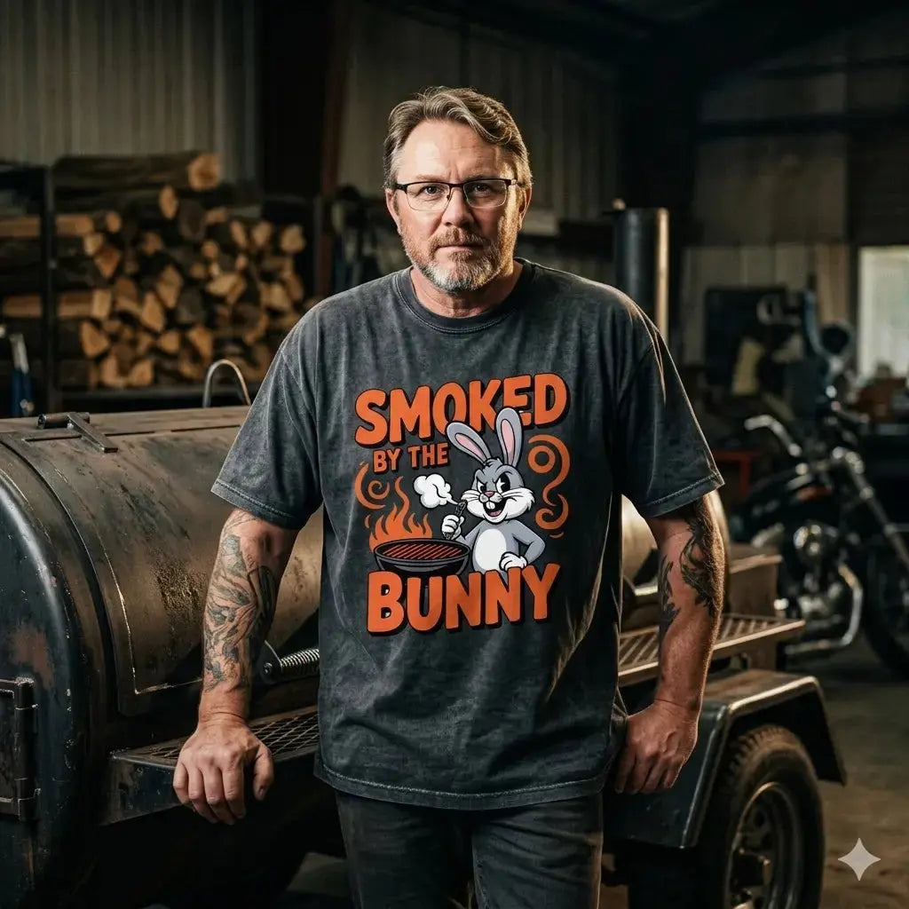 Lässiger Mann im Meatware Smoked by the Bunny Oversized Shirt aus schwerer Baumwolle vor einem Smoker-Trailer