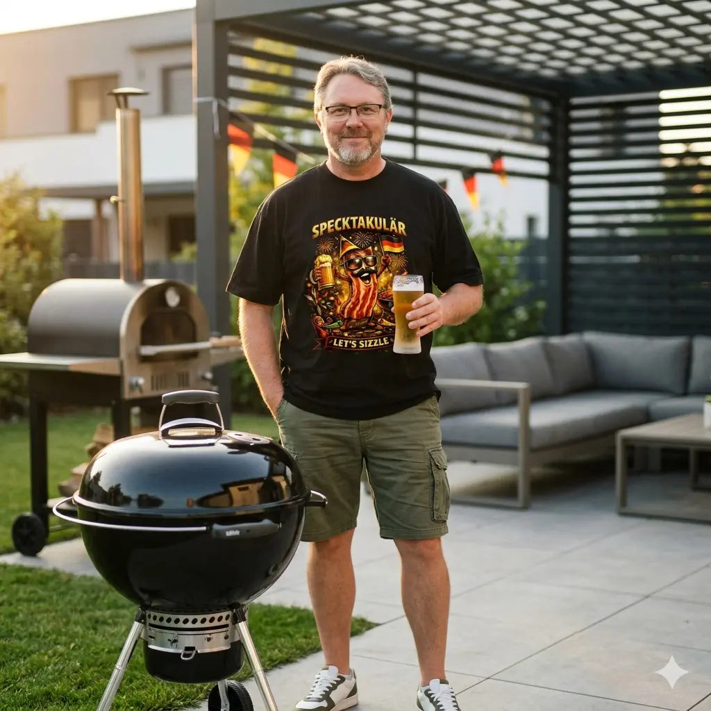 Lässiger Mann im schwarzen Meatware Oversized Shirt aus schwerer Baumwolle mit feierndem Bacon-Motiv